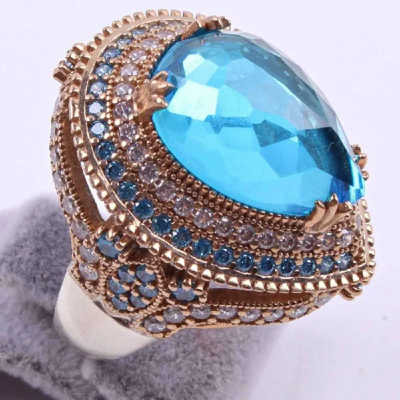 925 Sterling Silver Aquamarine Stone Heavy Women Lady Ring