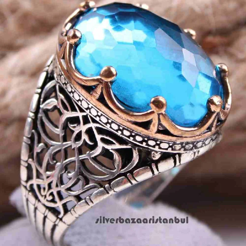 925 Sterling Silver Aquamarine Stone King Crown Mens Ring