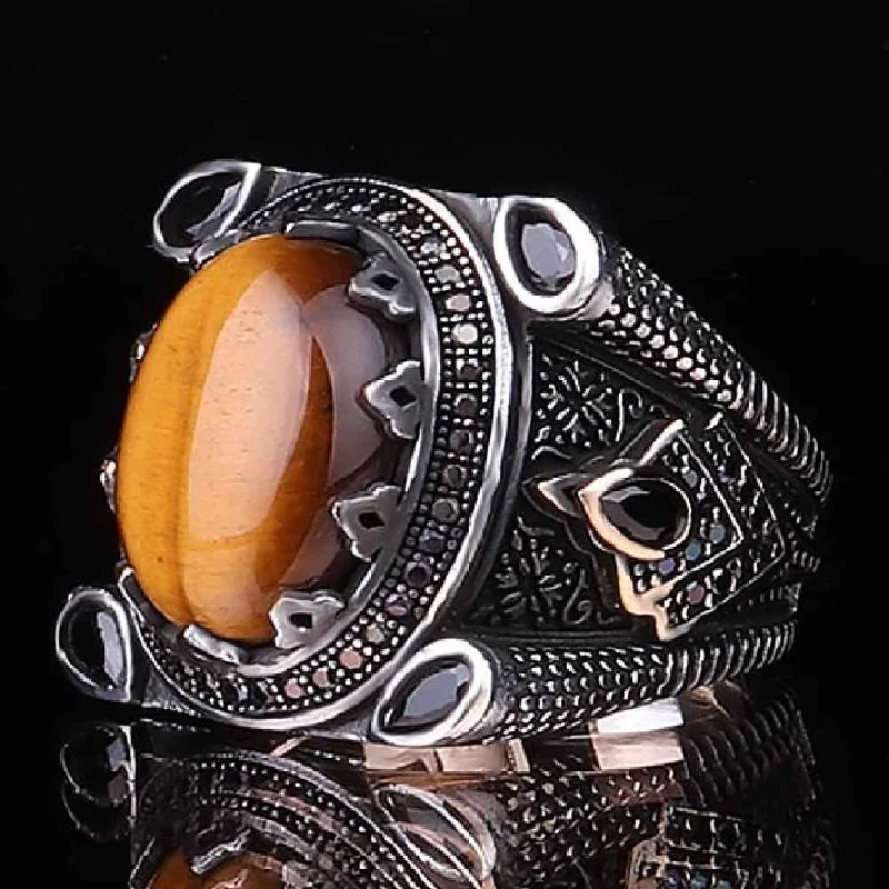 925 Sterling Silver Attractive Natural Tigers Eye Stone Mens Ring