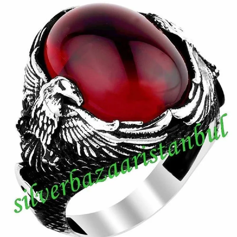 925 Sterling Silver Authentic Ruby Stone Freedom Eagle Mens Ring