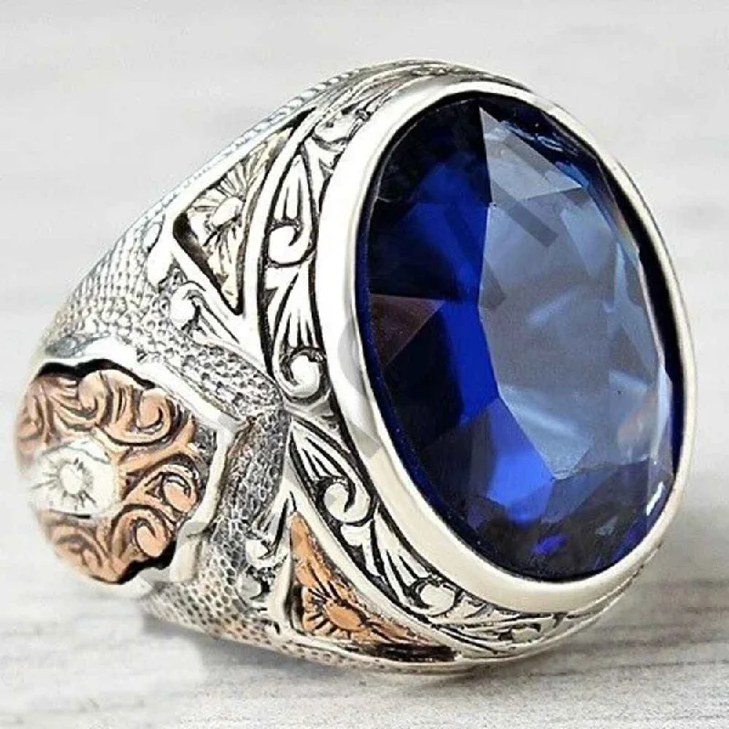 925 Sterling Silver Blue Sapphire Stone Handmade Ring for Men