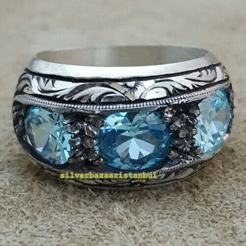 925 Sterling Silver Bright Aquamarine Elegant Mens Ring