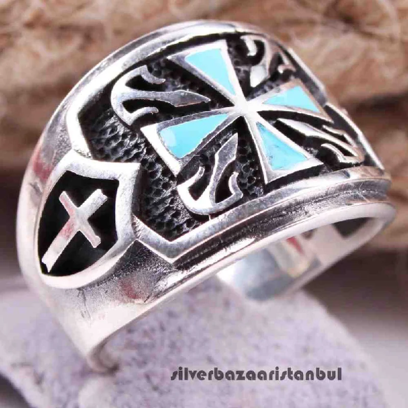 925 Sterling Silver Christian Cross Turquoise Religious Mens Ring