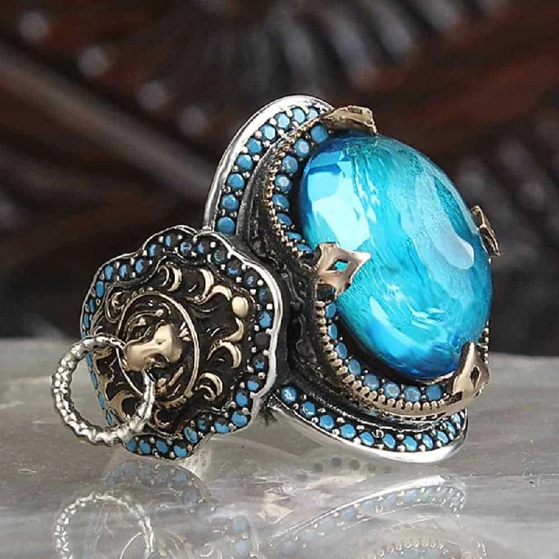 925 Sterling Silver Clear Aquamarine Stone King Lion Mens Ring