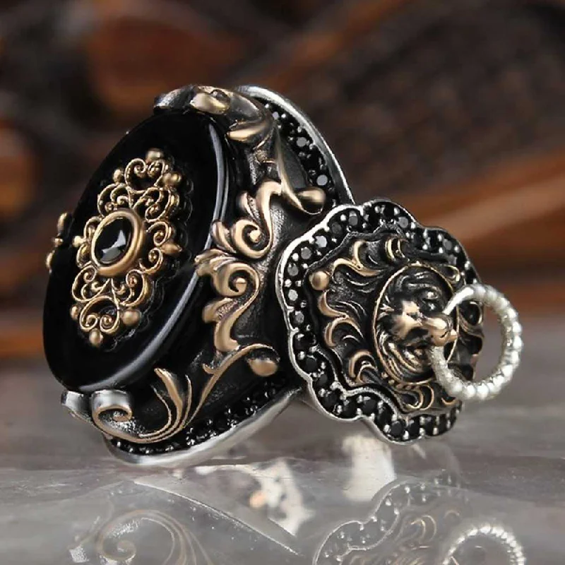 925 Sterling Silver Clear Onyx Stone Lion Mens Ring