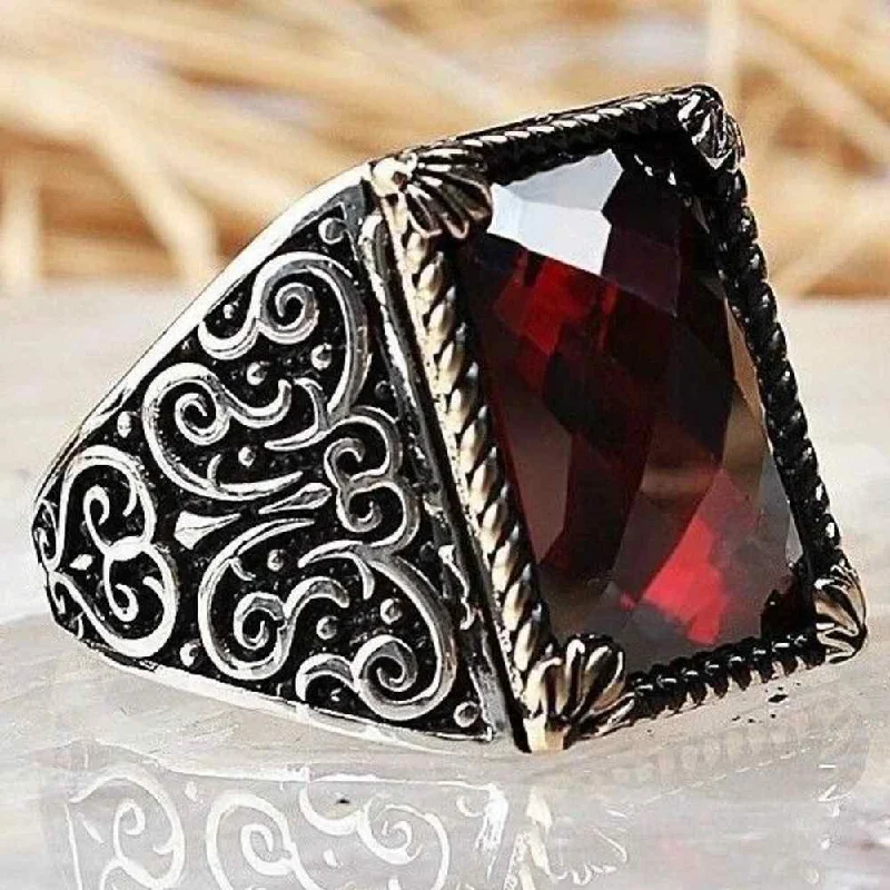 925 Sterling Silver Facet Cut Rectangle Ruby Mens Ring