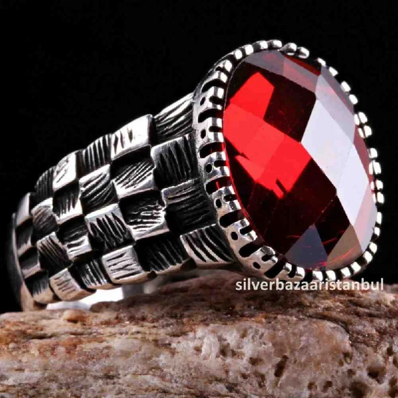 925 Sterling Silver Facet Cut Style Ruby Stone Mens Ring