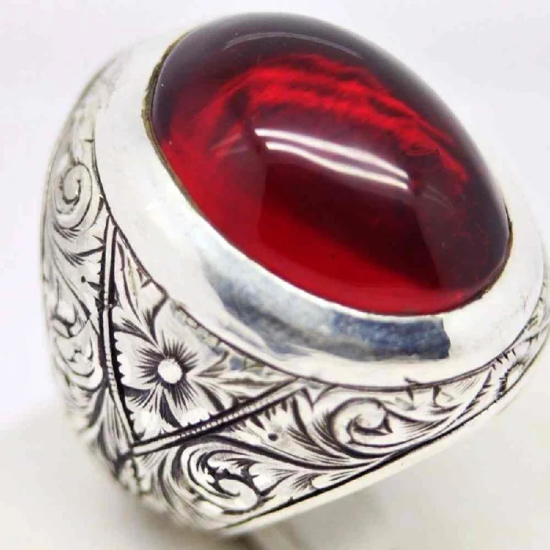 925 Sterling Silver Hand Engraved Ruby Stone Mens Ring