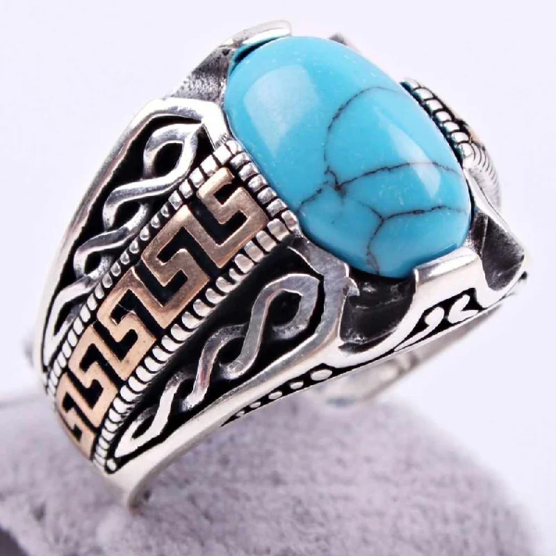 925 Sterling Silver Handsome Turquoise Stone Mens Ring