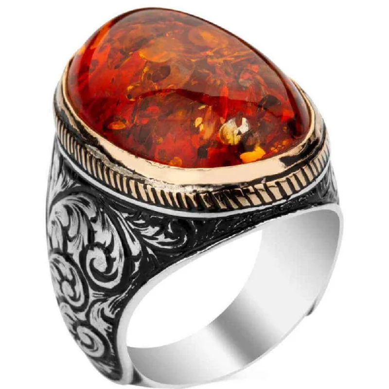 925 Sterling Silver Heavy Simple Amber Stone Mens Ring