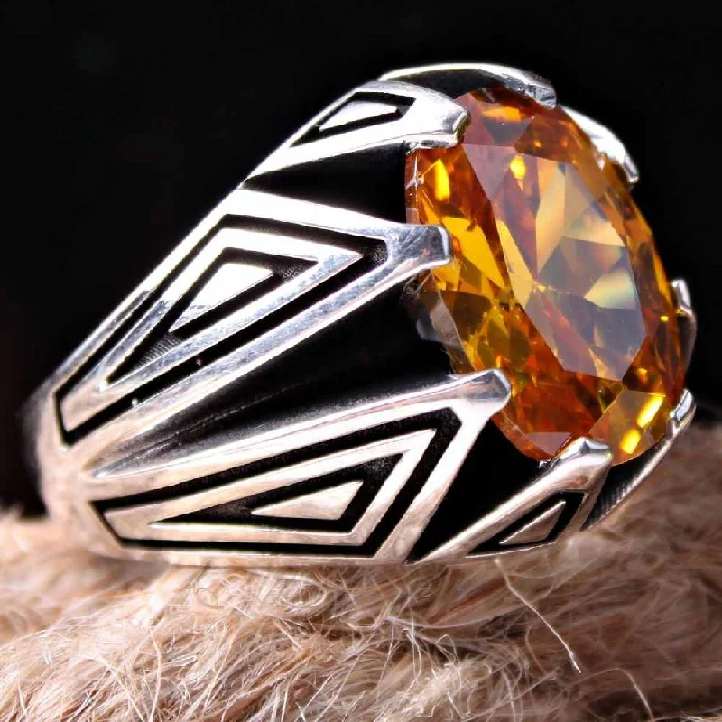 925 Sterling Silver Honey Citrine Stone Mens Ring