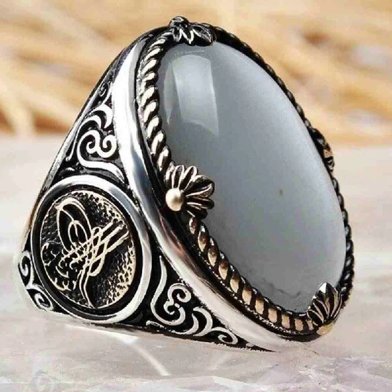 925 Sterling Silver Mens Ring with  Original Agate Stone