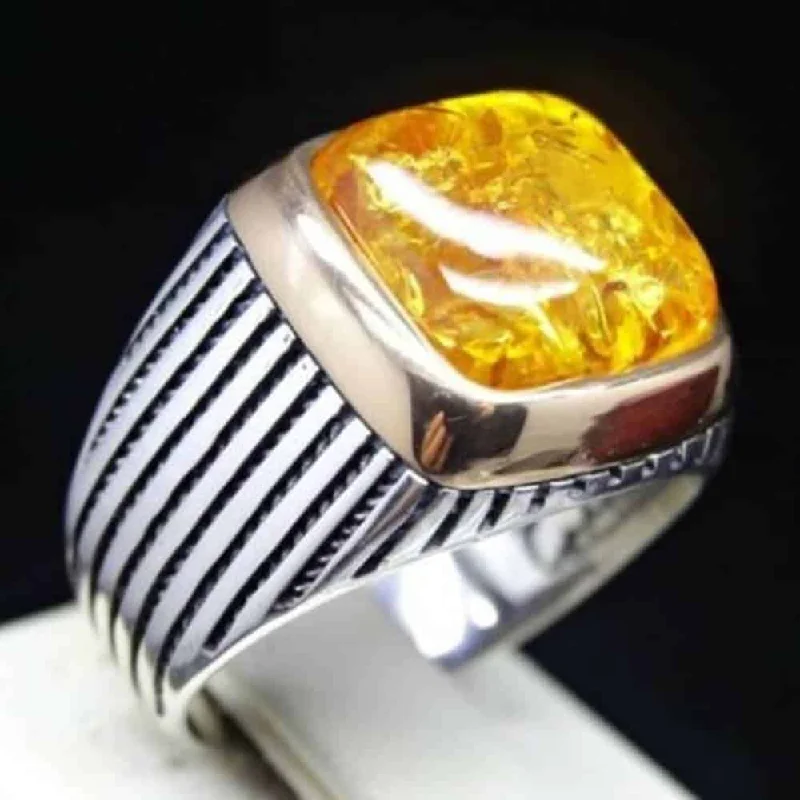 925 Sterling Silver Natural Yellow Amber Nice Mens Ring