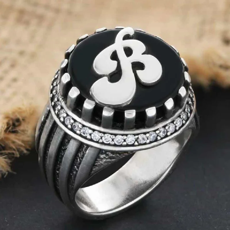 925 Sterling Silver Personal Letter Onyx Stone Mens Ring