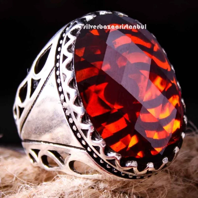 925 Sterling Silver Red Ruby Stone Mens Solid Big Ring