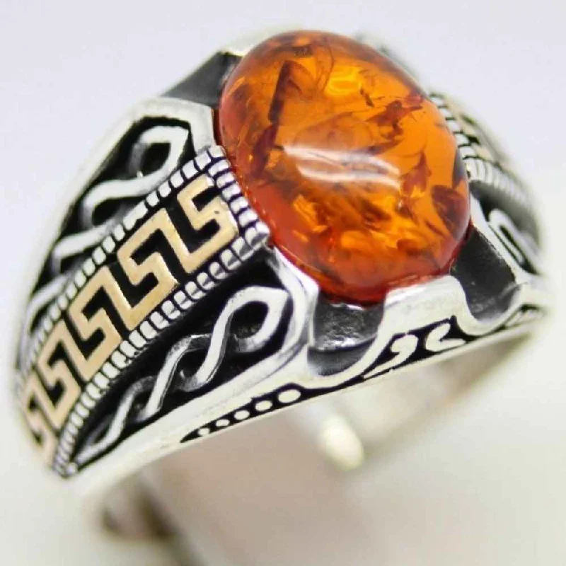 925 Sterling Silver Round Orange Amber Stone Mens Ring