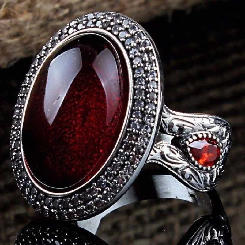 925 Sterling Silver Ruby and Zircone Stone Mens Ring