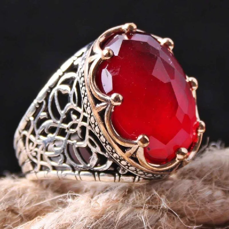 925 Sterling Silver Ruby Stone King Crown Mens Ring