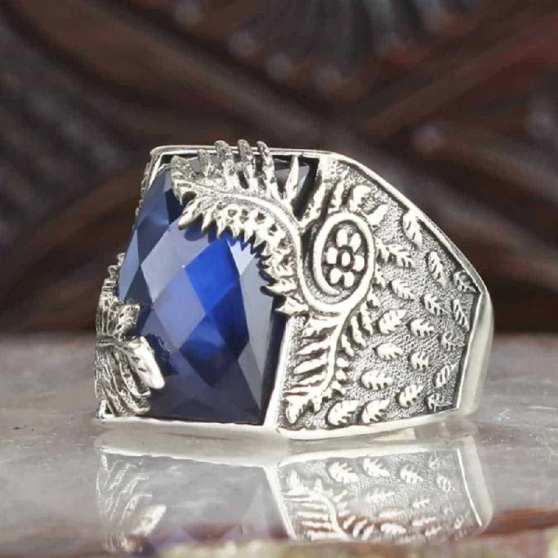 925 Sterling Silver Sapphire Stone Leaf Mens Ring