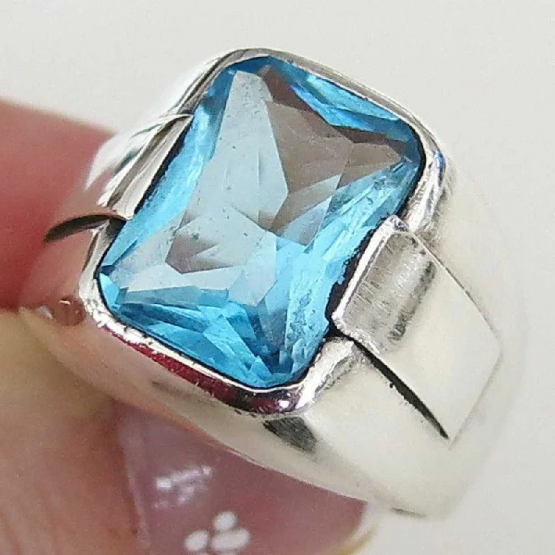 925 Sterling Silver Shiny Aquamarine Stone Mens Man Ring