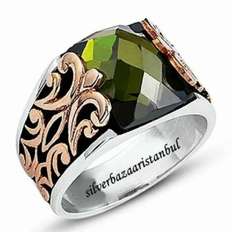 925 Sterling Silver Special Luxury Peridot Stone Mens Ring