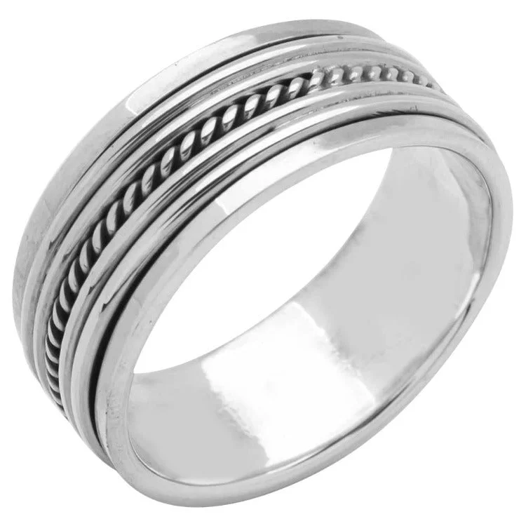 Classic 8MM 925 Sterling Silver Spinner Ring for Men Rope Details