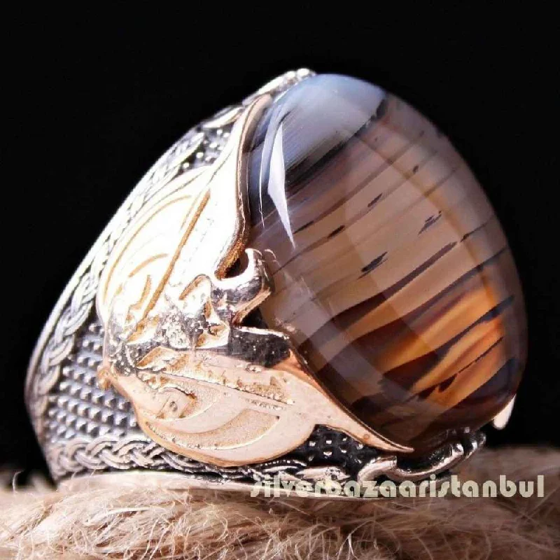 925 Sterling Silver Yemeni Agate Aqeeq Mens Natural Lux Ring