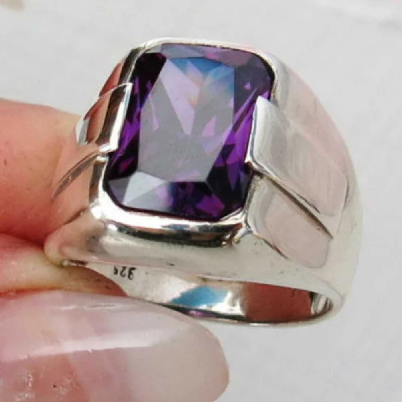 Amethyst with Simple Stone 925 Sterling Silver Mens Ring