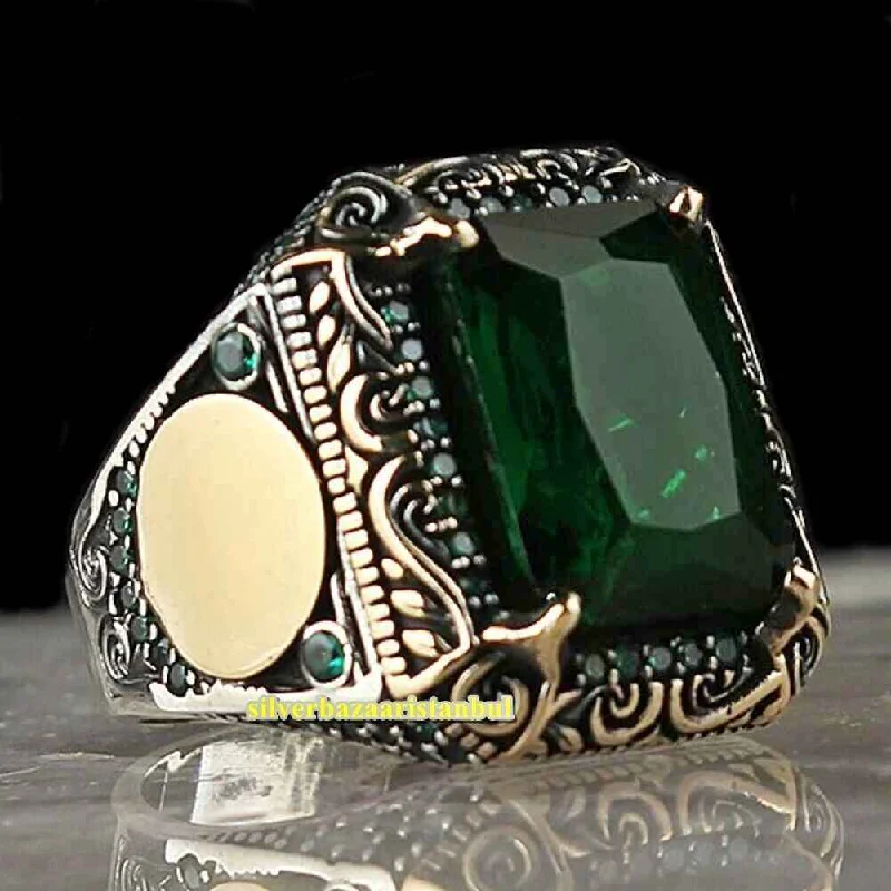 Angular Emerald Nice Handmade 925 Sterling Silver Original Mens Ring