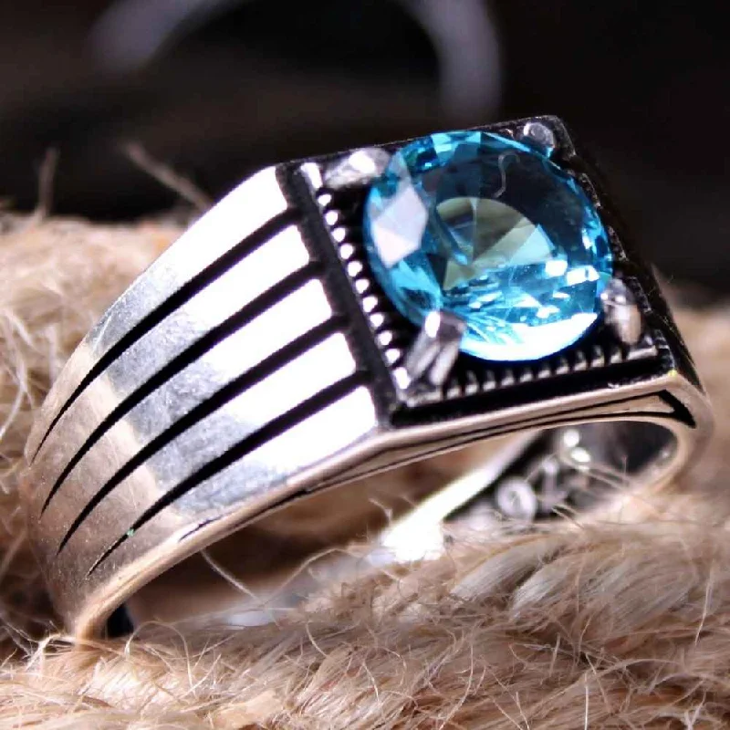 Aquamarine Stone Turkish Jewelry 925 Sterling Silver Mens Ring