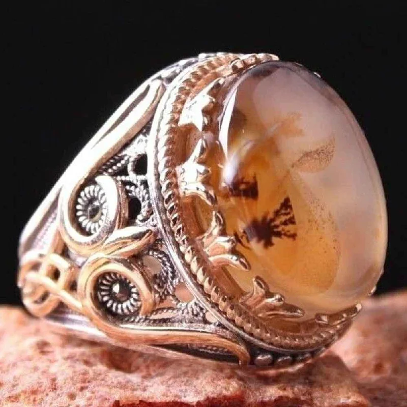 Authentic Yemeni Agate Stone Handmade 925 Sterling Silver Mens Ring