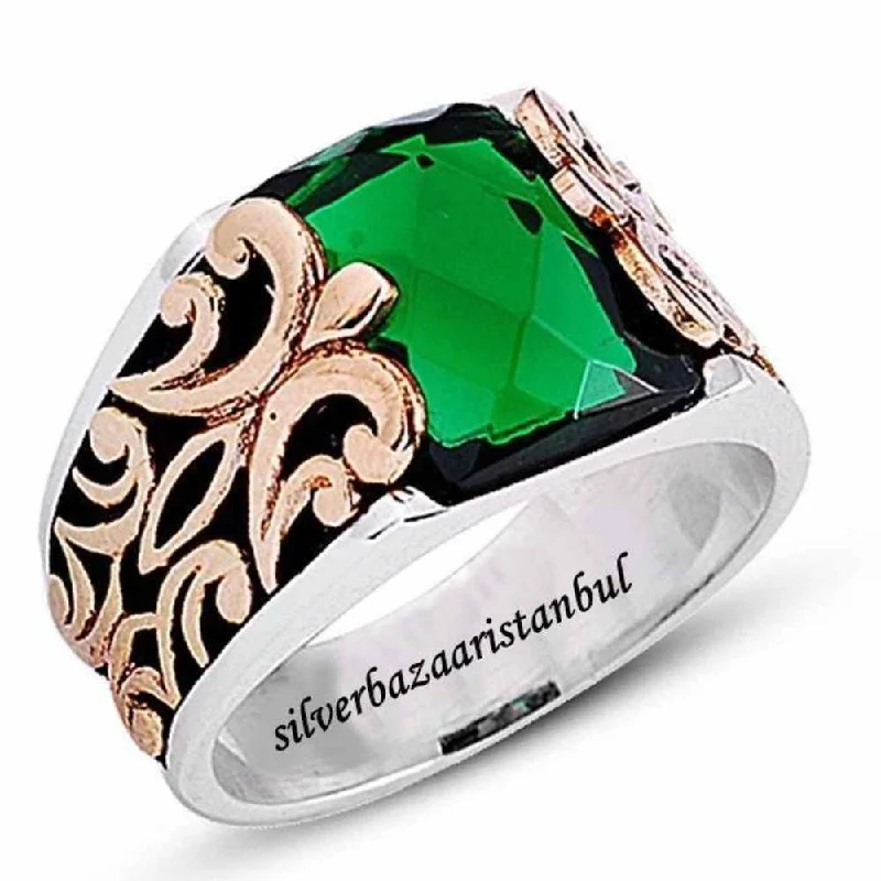 Baron Emerald Stone Handmade 925 Sterling Silver Mens Ring