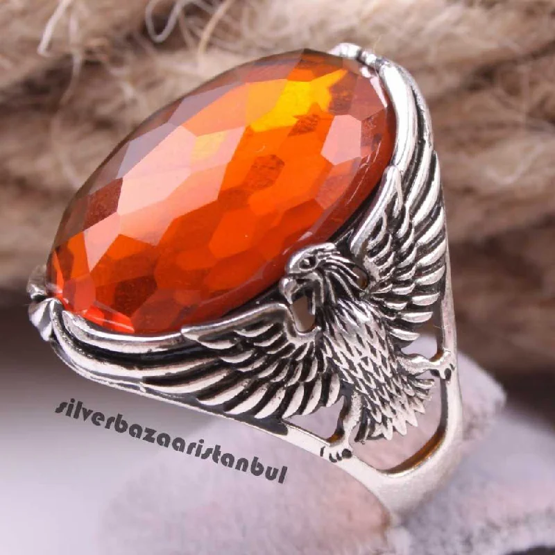 Beautiful Eagle Style Orange Citrine 925 Sterling Silver Mens Ring