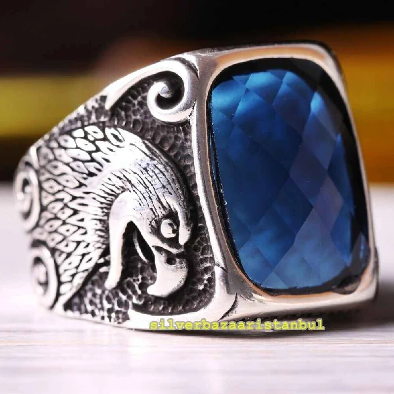 Big Eye Eagle Style Handmade 925 Sterling Silver Sapphire Mens Ring