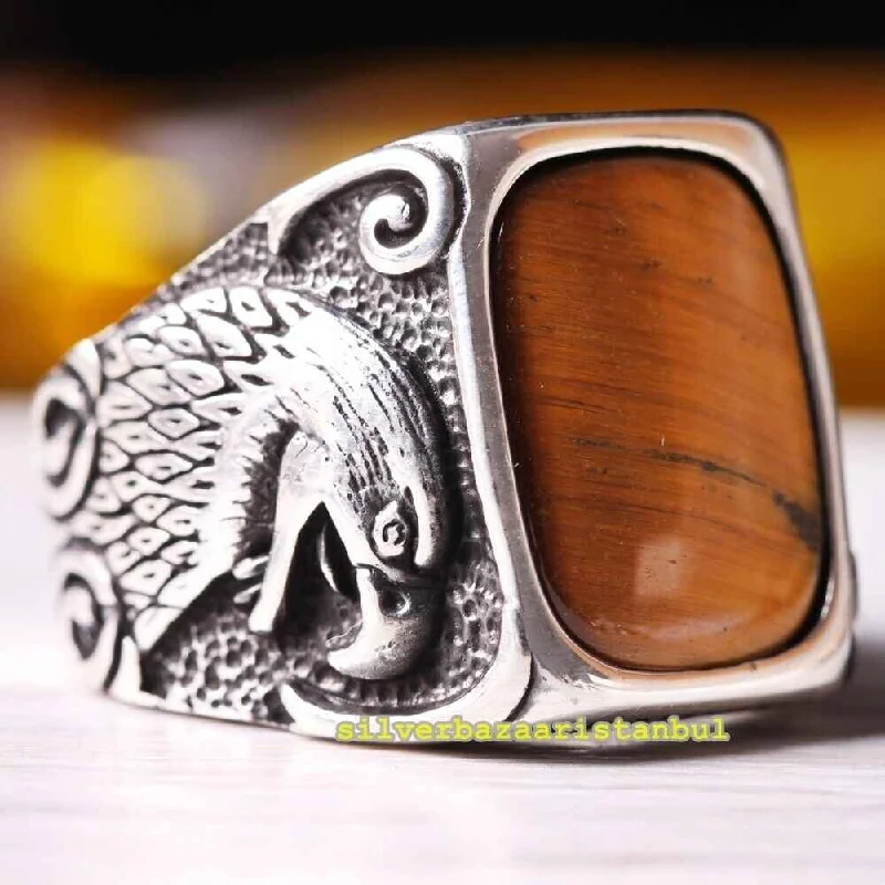 Big Eye Eagle Style Handmade 925 Sterling Silver Tigers Eye Mens Ring