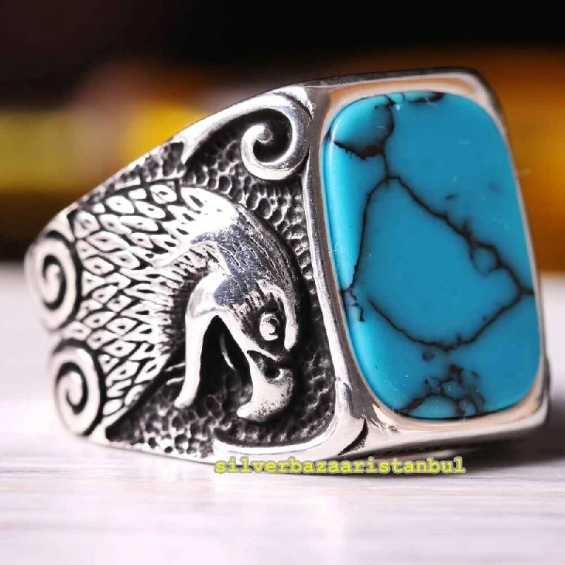 Big Eye Eagle Style Handmade 925 Sterling Silver Turquoise Mens Ring