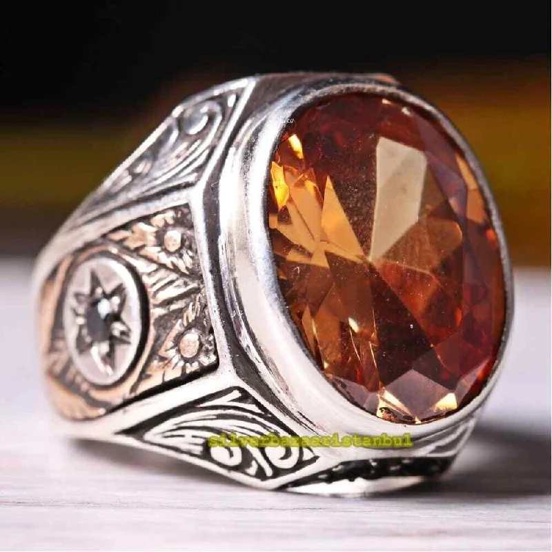 Champagne Citrine Stone Heavy 925 Sterling Silver Mens Ring