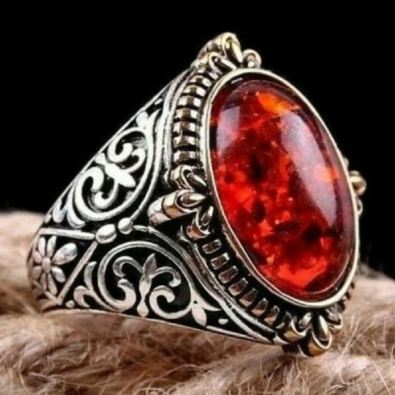 Claw Amber Stone 925 Sterling Silver Ring for Men