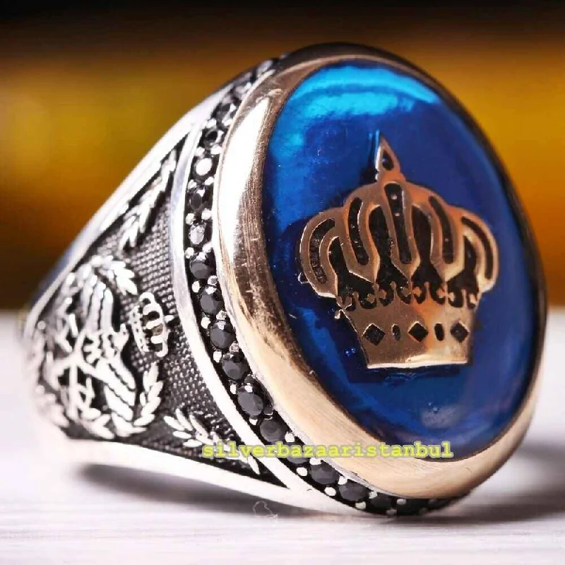 Crown and Eagle Style Handmade 925 Sterling Silver Turkish Mens Ring