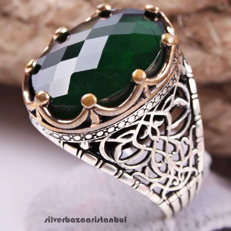 Crown Facet Green Emerald Stone 925 Sterling Silver Mens Ring