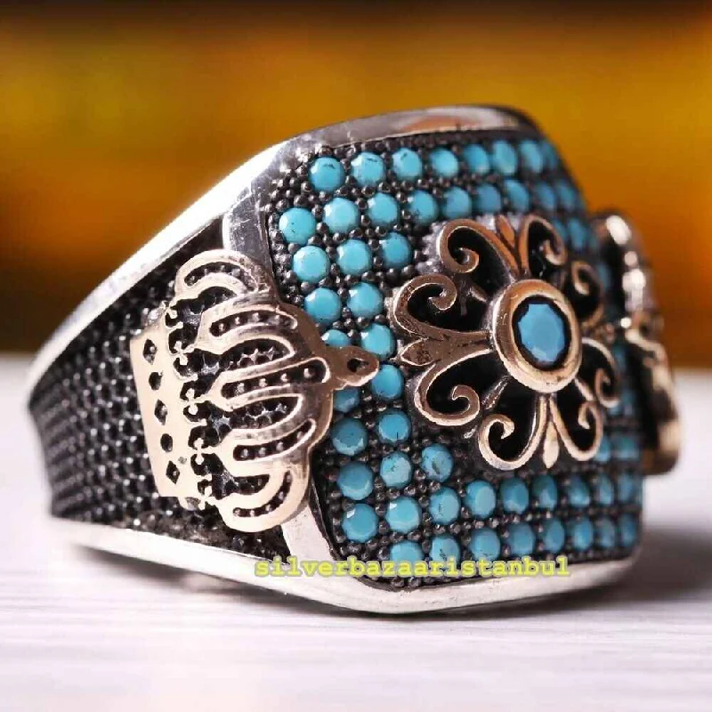 Crown Style Handmade 925 Sterling Silver Turquoise Stone Mens Ring