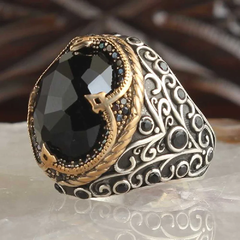 Crystal Cut Black Onyx Stone 925 Sterling Silver Mens Ring