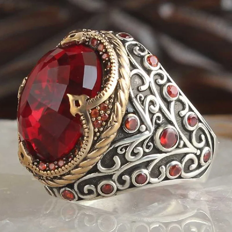 Crystal Cut Red Ruby Stone 925 Sterling Silver Mens Ring