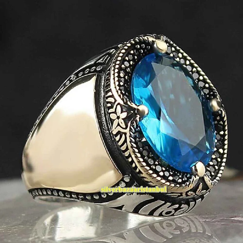 Curved Aquamarine Handmade 925 Sterling Silver Mens Ring