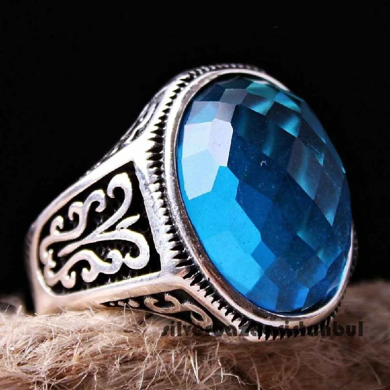 Curved Aquamarine Stone Jewelry 925 Sterling Silver Men Solid Ring