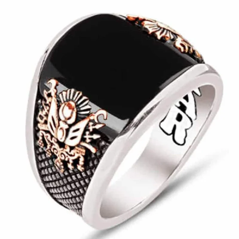 Curved Black Onyx Stone 925 Sterling Silver Mens Ring