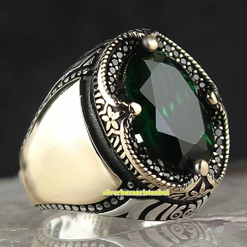 Curved Emerald Handmade 925 Sterling Silver Mens Ring