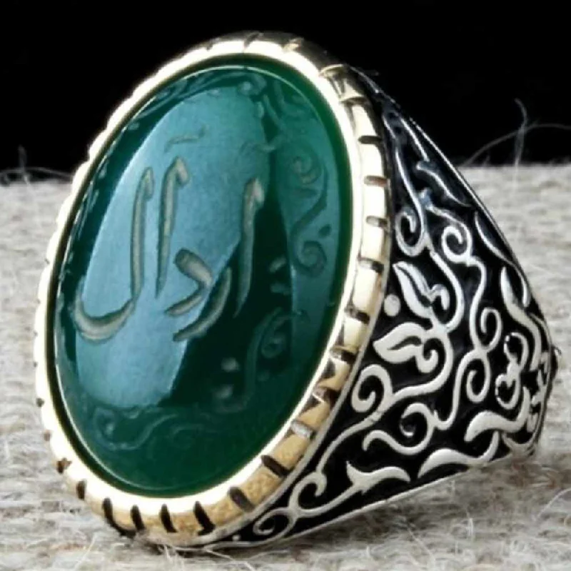 Customizable Green Agate Stone 925 Sterling Silver Mens Ring