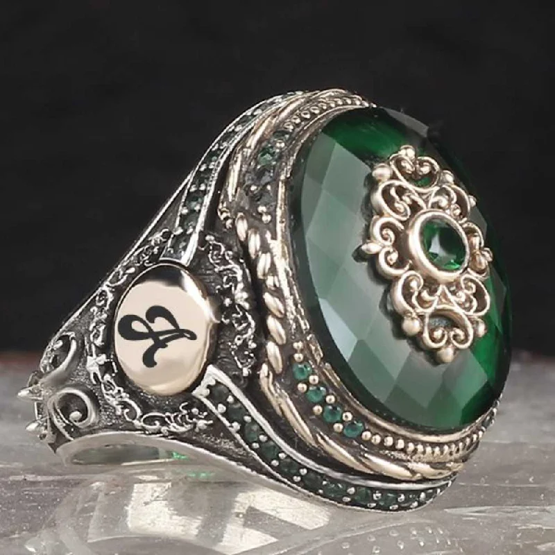 Customizable Special 925 Sterling Silver Emerald Stone Heavy Mens Ring