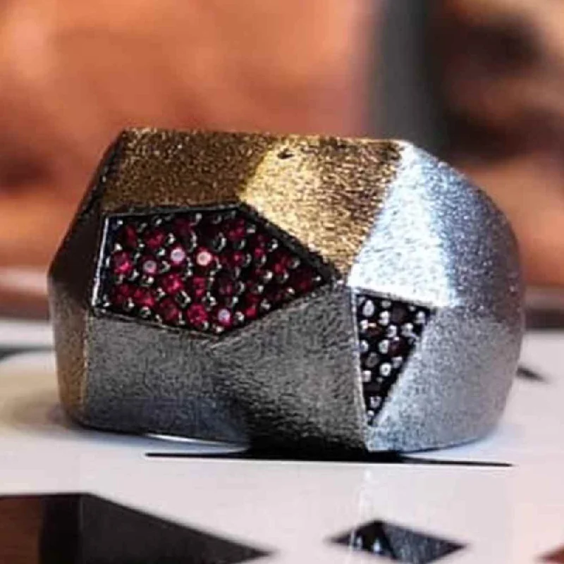 Diagonal and Modern 925 Sterling Silver Ruby Stone Mens Ring